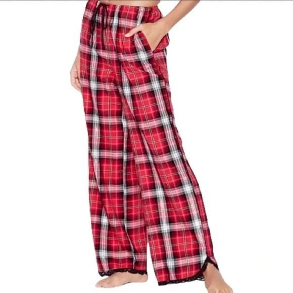 Victoria's Secret XS Red Black Cotton Blend Lace Trim Plaid Pajama Lounge Pants‎